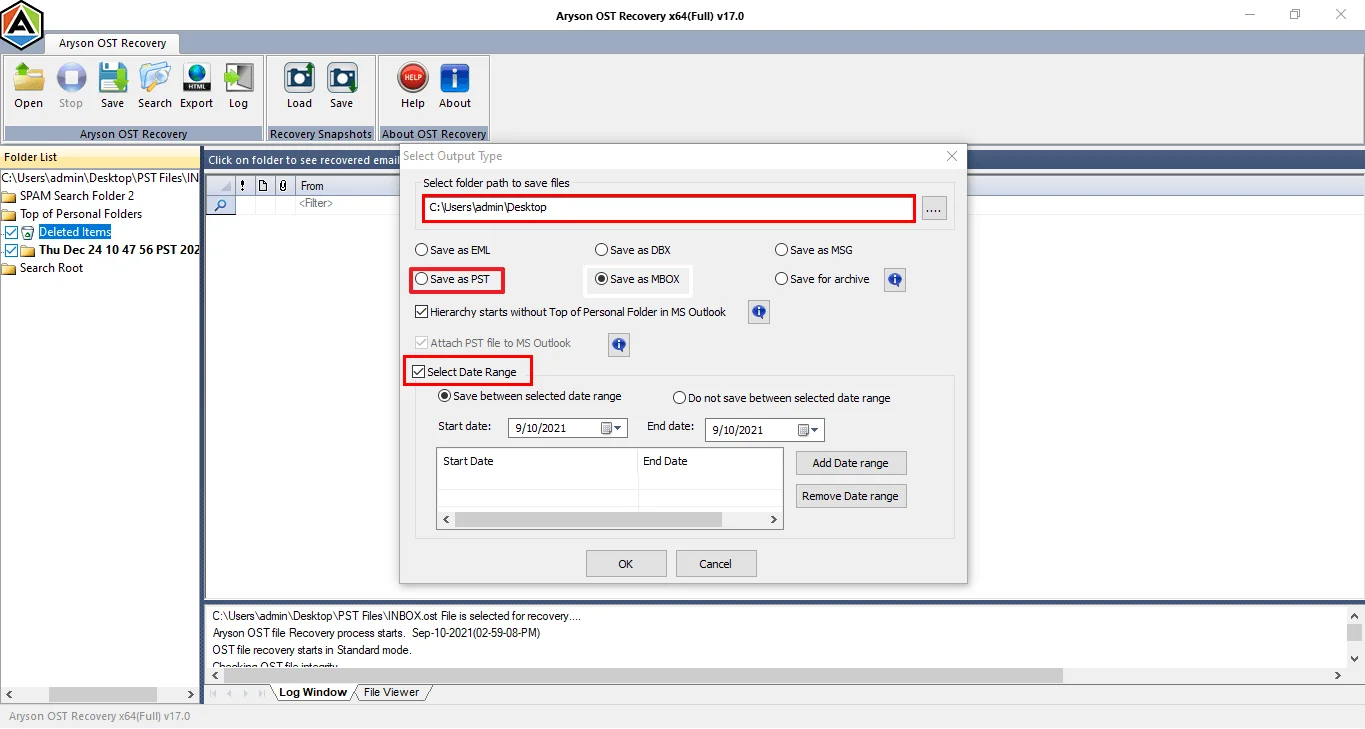 Choose PST as the output and click ok