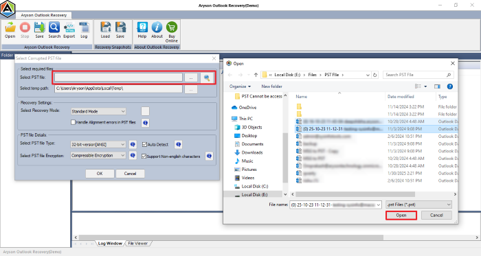 select the damaged PST file