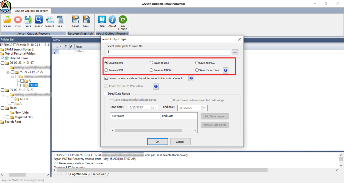 click on OK and save the recovered PST data