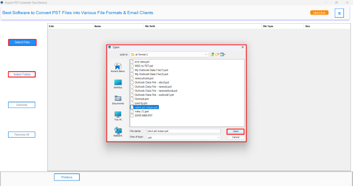 click Open upload your PST file