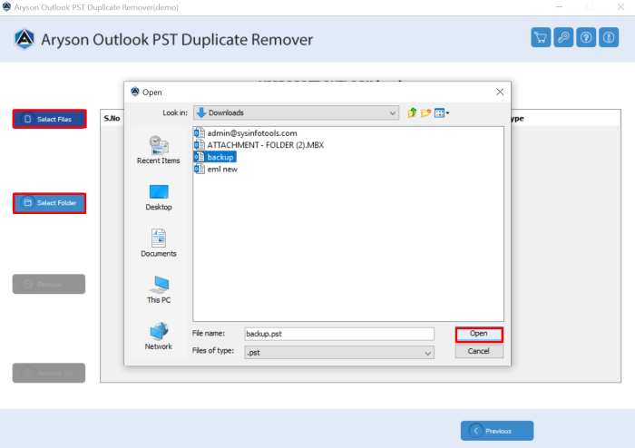 click on the Select File to add the Outlook Data File