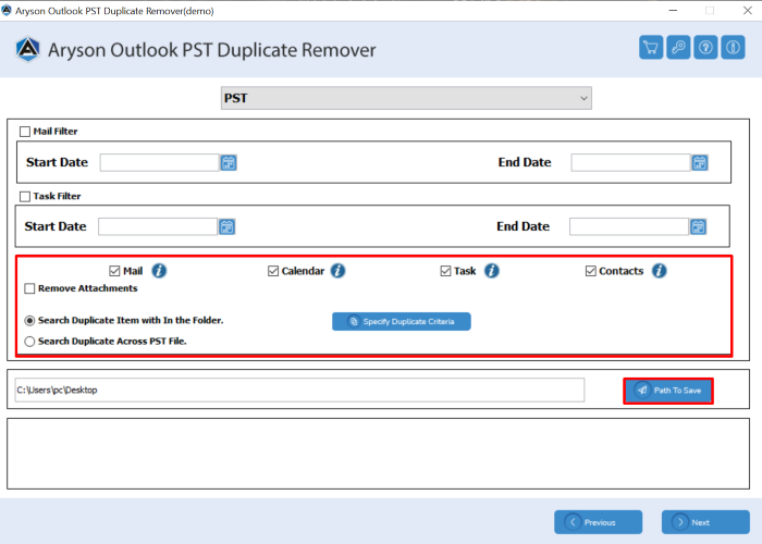 Choose the option to remove duplicates from PST