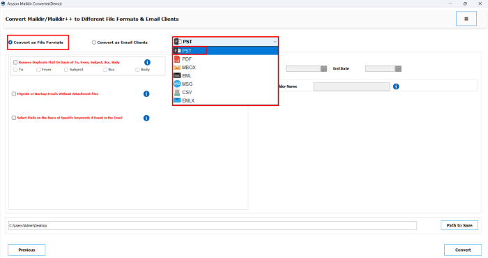 export options, choose PST