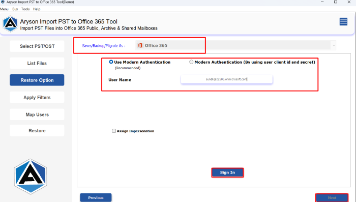 enter the Office 365 credentials to Sign In