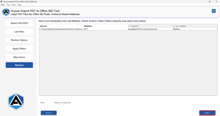 Press Restore button to complete the Outlook to Office 365 migration