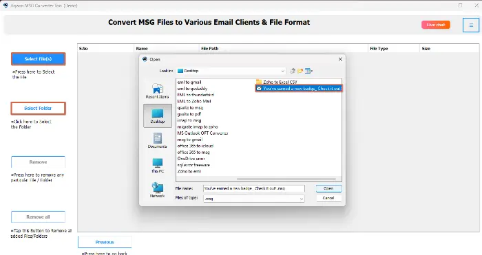 choose the desired MSG file and click Open