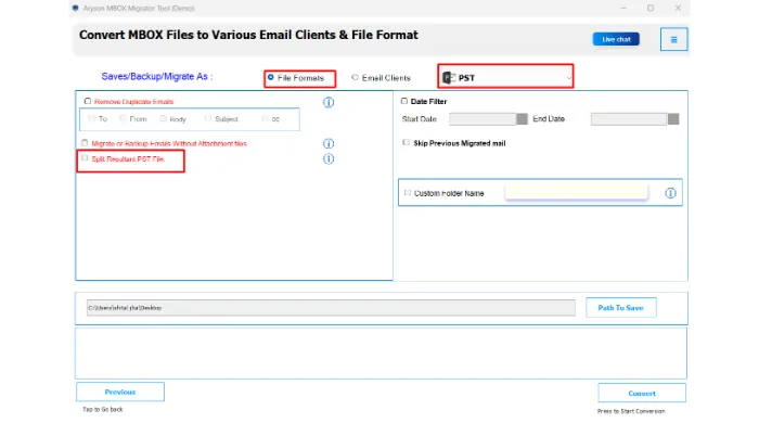 select output as PST and mark option of Split