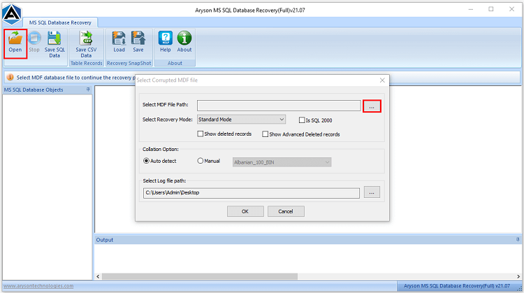 click Browse to find & select the corrupted MDF file