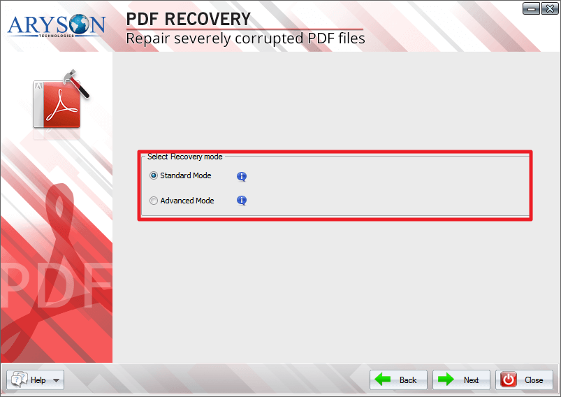choose either the Standard or Advanced recovery mode