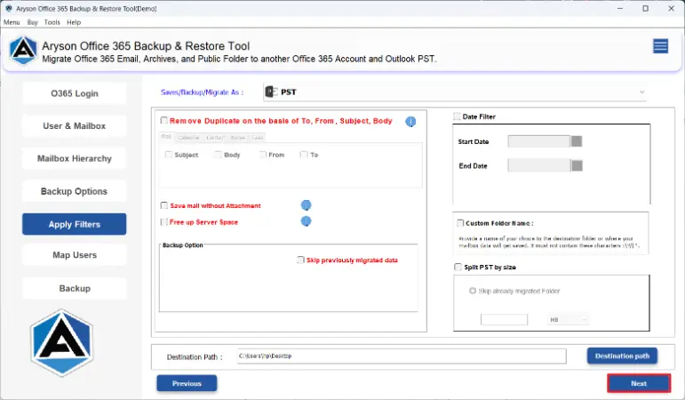 click on the Next button to begin the export process