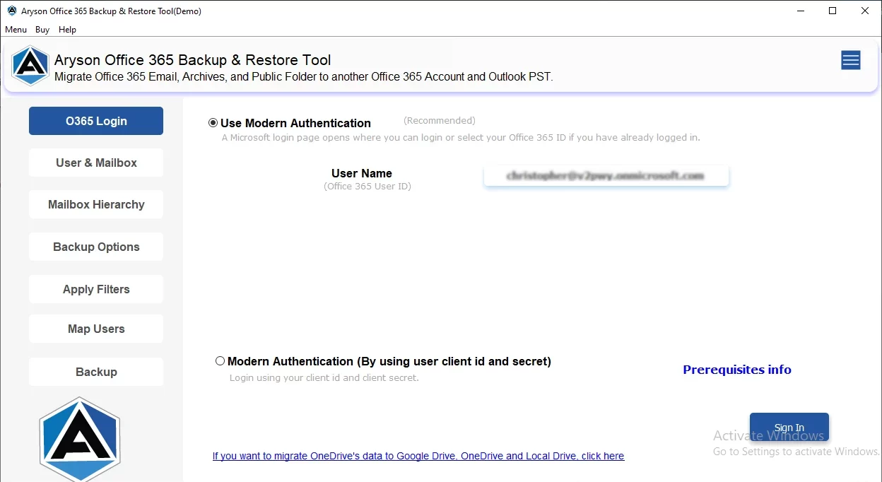 authentication method and enter Office 365 credentials