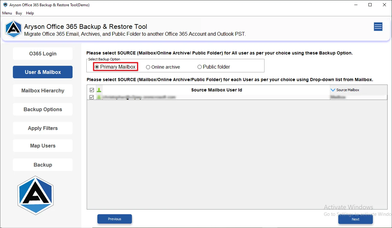 Primary Mailbox radio button & select the user ID
