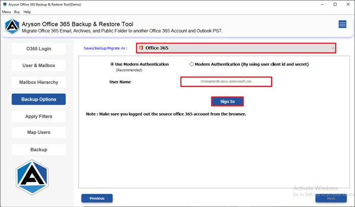 Select Office 365 under the Save/Migrate/Backup As