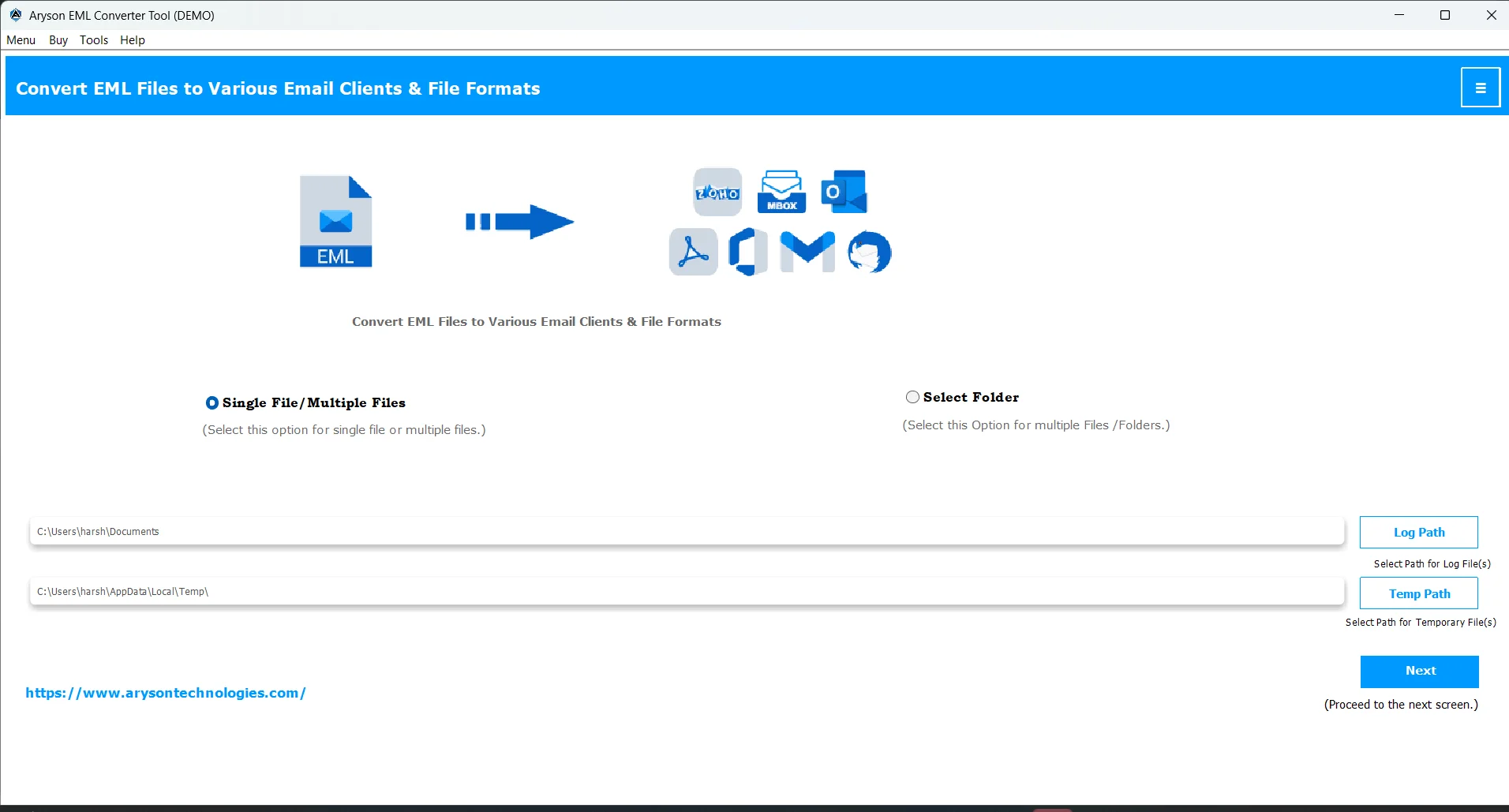 Launch Aryson EML File Converter