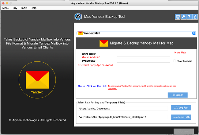 Aryson Yandex Backup Tool for Mac software