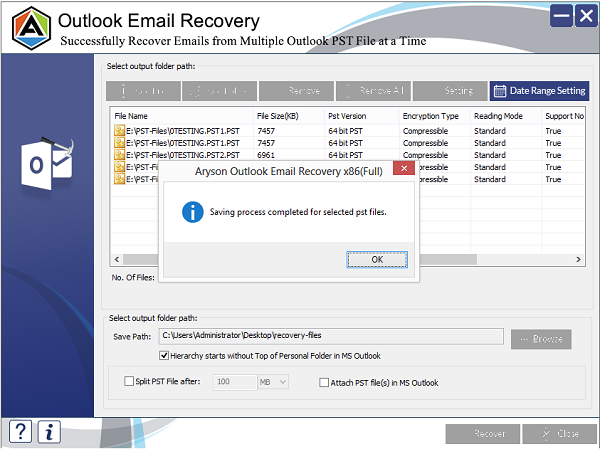 Aryson Outlook Email Recovery screenshot