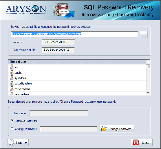 Aryson SQL Password Recovery screenshot