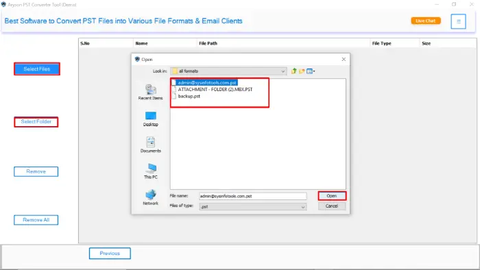 upload your specific PST files