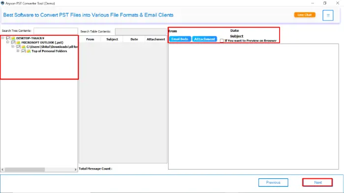 preview the data inside the PST file