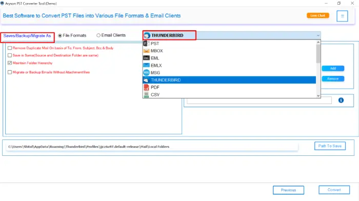 choose Thunderbird from the Save Options