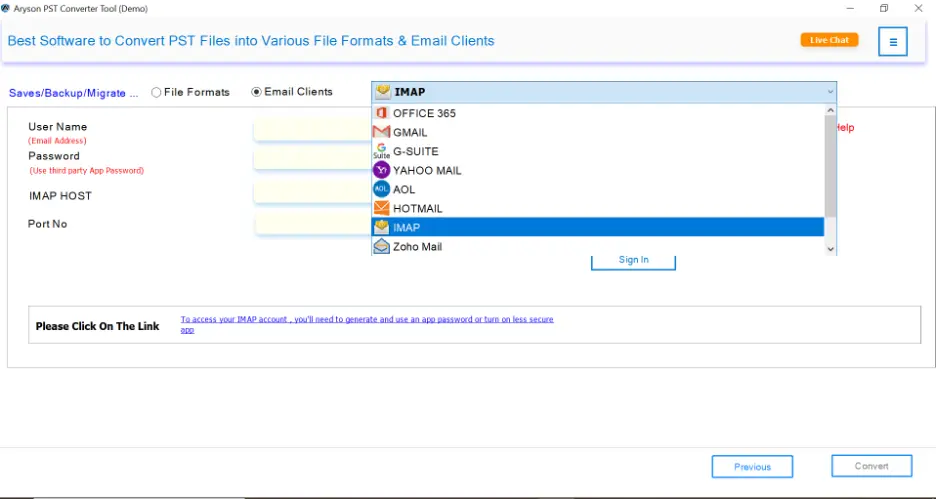 output email client options, select IMAP