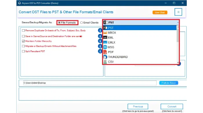 select Save As, and the preferred format is PST