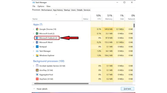 On the Process tab, look for Outlook