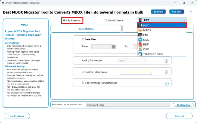 select PST under the file formats