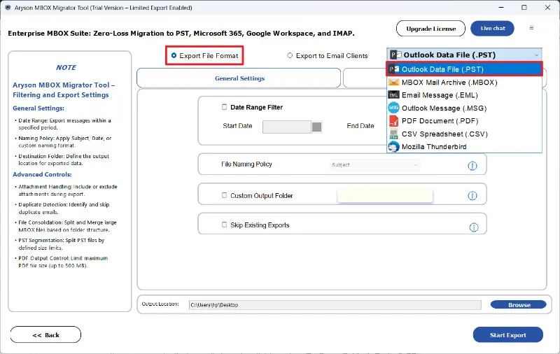 select PST from the list of file formats