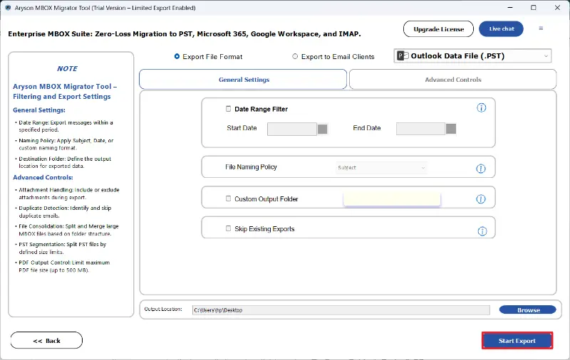 Start Export button to migrate Google Takeout MBOX to Outlook