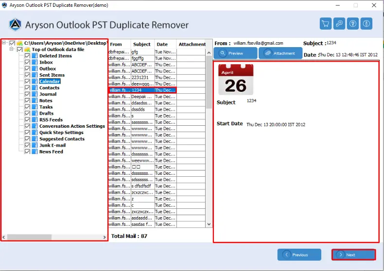 listed Outlook items, select what you wish to scan