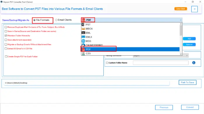 choose PDF as the saving format from the list
