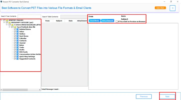 provides a preview of all mailbox items