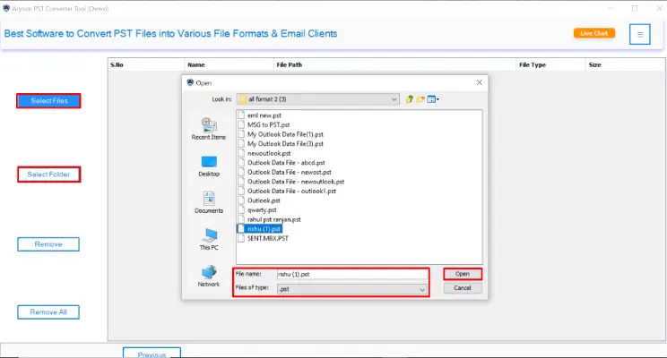 click Select Files to browse and upload your PST files