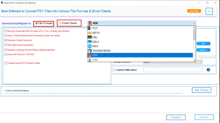 Select the export format or email client