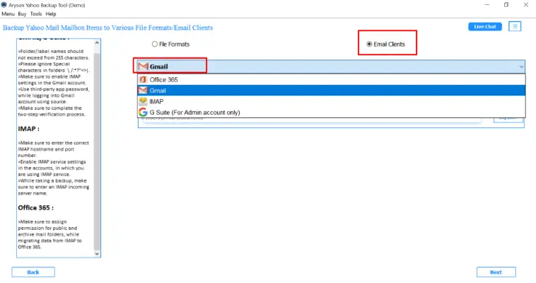 saving options, select Gmail as the output