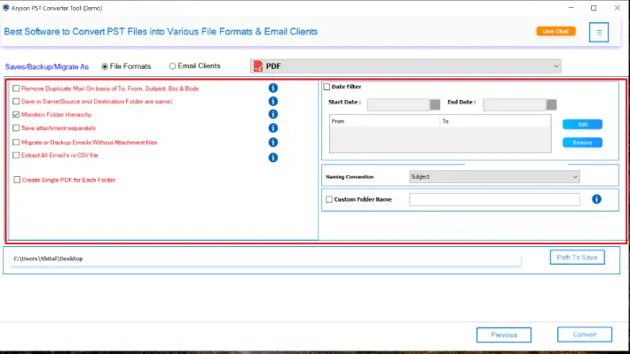 Choose specific folders or apply a date range filter