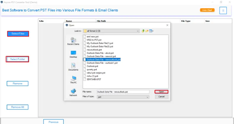 click on the Select File or Select Folder button