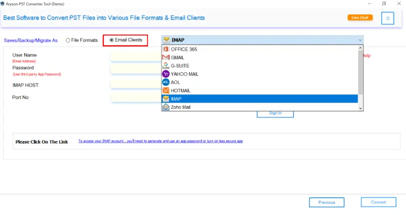 choose IMAP as the saving option from the list