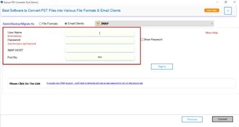 enter your IMAP account credentials