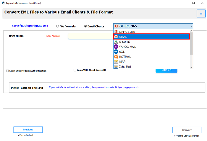 Choose Gmail as the destination