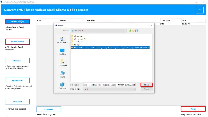 click on Select Files or Select Folder to upload your EML