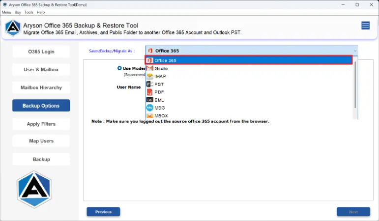 choose Office 365 as the destination