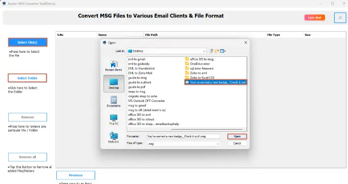 Click Select Folder to import the MSG emails