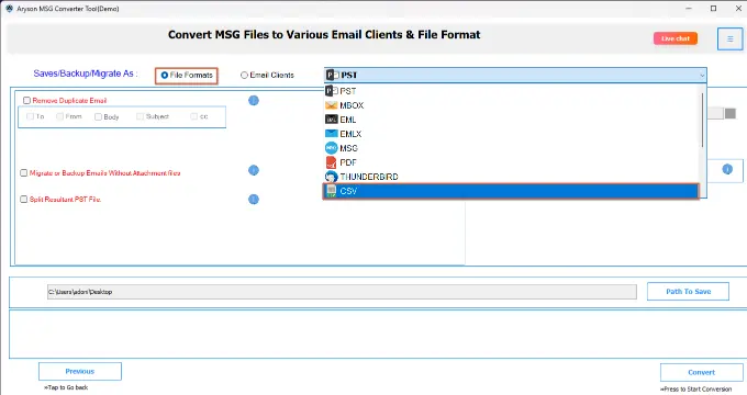 choose CSV as the output format
