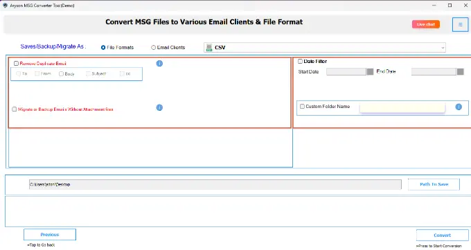Choose the filters to export specific emails