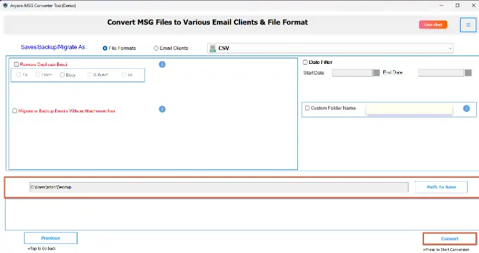 click the Convert Button to convert MSG to CSV