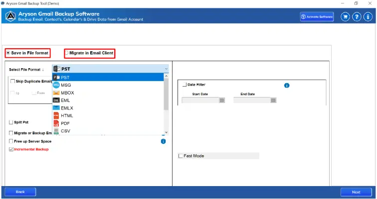 Select the Backup option