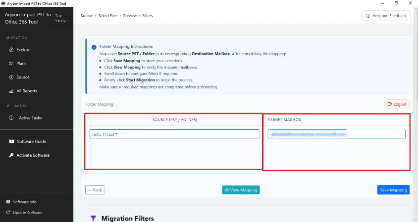 map the source PST file to the Office 365 destination