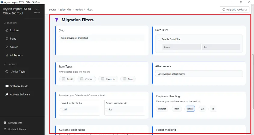 enable the filters for selective data migration